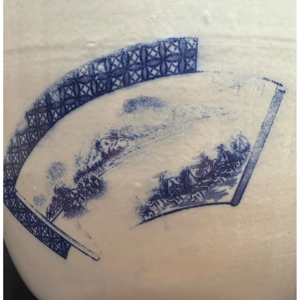 Vintage Japanese Blue and White Ceramic Planter Mount‎ Fuji Landscape Fishbowl